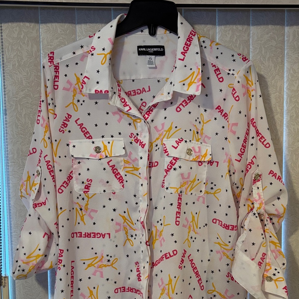 Karl Lagerfeld White Shirt with Pink and Yellow Print